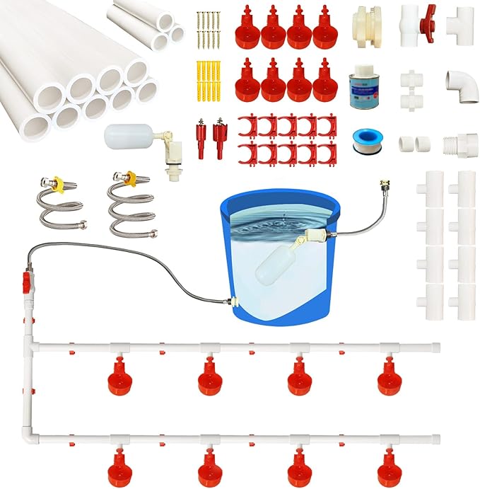 Complete Set Pipeline Automatic Chicken Waterer System with PVC Pipeline and 304 Stainless Steel Hose, Chicken Water Cups, Chicken Watering System. (No Bucket Included)