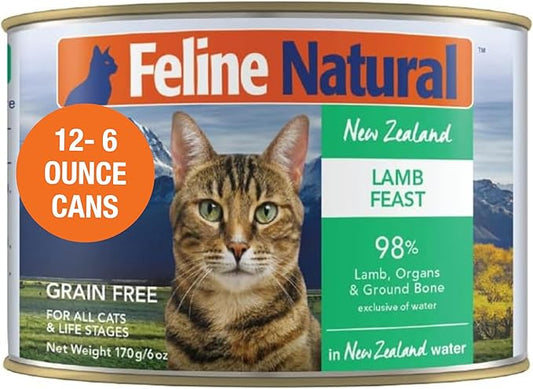 Feline Natural New Zealand Canned Catfood Wet Food, High-Meat, Low-Carb, & Grain Free Cat Food Wet, Lamb Feast, 6 oz, Pack of 12