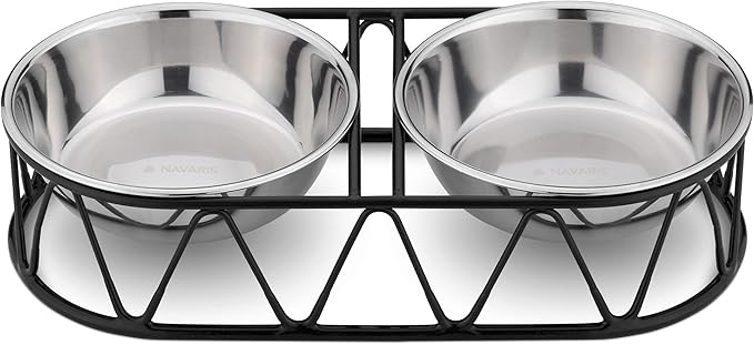 Navaris Stainless Steel Dog Bowls - Cat Food Bowls with Stand - Elevated Double Bowl and Holder for Cats & Small Dogs Raised Metal Wire Stand - Black