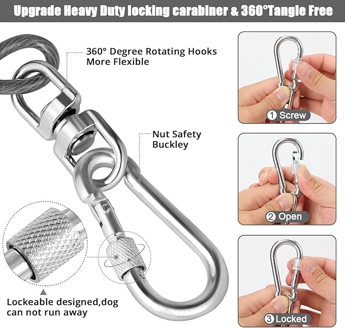 Jenico Dog Tie Out Cable - 10/15/20/30/40/50/70/100/150FT Runner Cable with Swivel Hook and Shock Spring, for Small to Medium Pets Up to 500 LBS