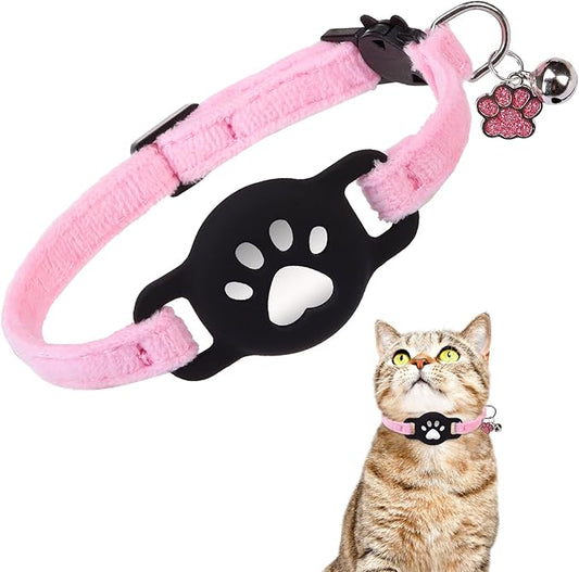 Airtag Cat Collar Breakaway, Cute GPS Cat Tracker Collars with Air Tag Holder, Safety Cat Collars with Bell & Pendant for Girl Boy Cats, Pink