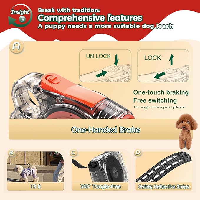 10ft Retractable Dog Leash for Small Dogs, Puppies, and Cats, 360° Tangle-Free, One-Handed Brake, Applicable to Pets of Small Size