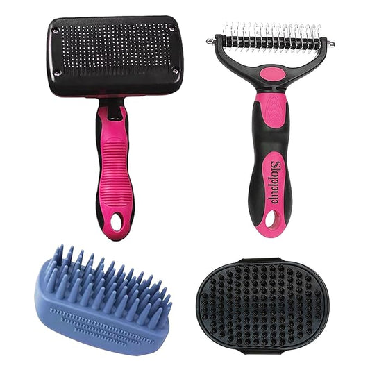 Dog Brush Kit for Grooming Short & Long Haired Dogs & Cats, 4-in-1 Pet Grooming Set with Self-Cleaning Slicker Brush, Deshedding Tool, Shampoo Bath Comb, Massge Comb (Pink Black)