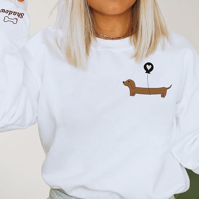 NAZENTI Embroidered Dachshund Sweatshirt with Dog Name on Sleeve, Personalized Valentines Dog Mom Shirt, Wiener Dog Gifts