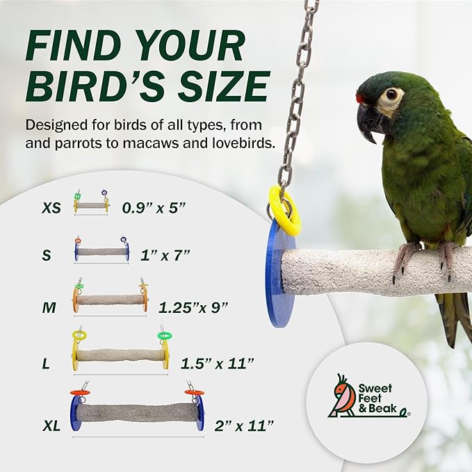 Sweet Feet and Beak Roll Bird Swing - Pumice Perch Bird Toys Trims Nails and Beaks, Safe and Non-Toxic Bird Cage Accessories for Small and Large Birds, Swinging Toys Birds Will Love, Medium 9 Inches