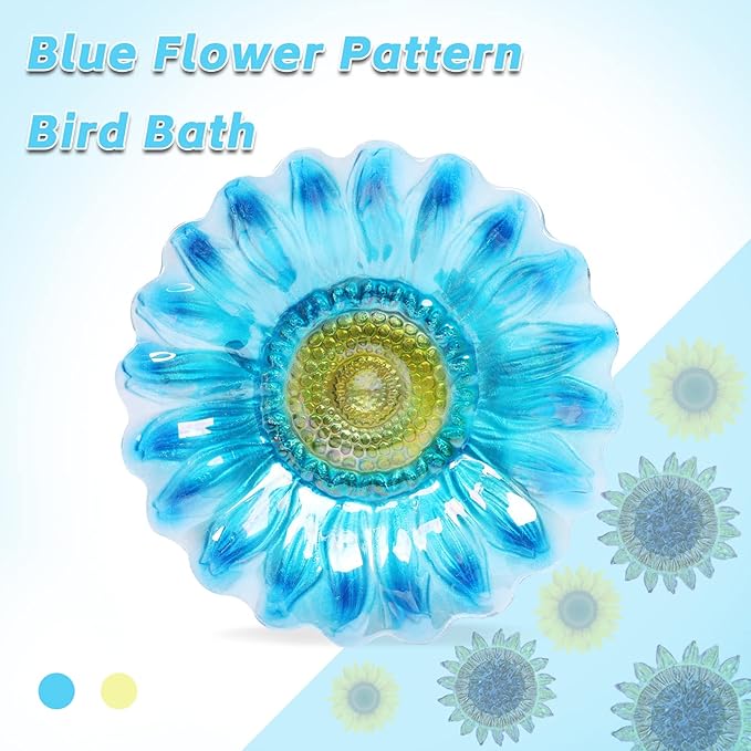 Bird Baths for Outdoors, Glass Birdbaths Outdoor Garden Birdfeeder with Metal Stake Blue (Height:31inch)