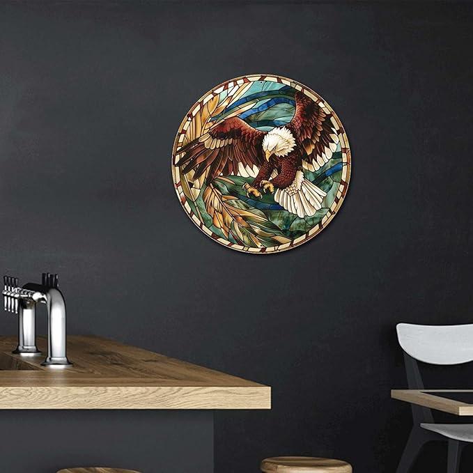 Lygond Metal Sign Tin Sign Circular Stained Glass Eagle Signs For Garden For Pet 8×8 Inches