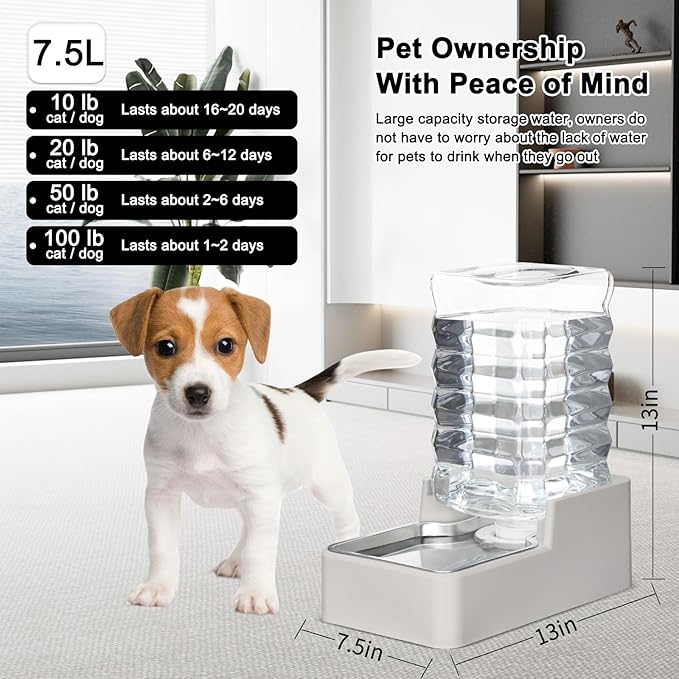 RIZZARI Stainless Steel Pet Water Feeder: 7.5L Automatic Leak-Proof Gravity Dispenser for Senior Dogs with Spine Problems - with Filter - Living Room Bedroom Use