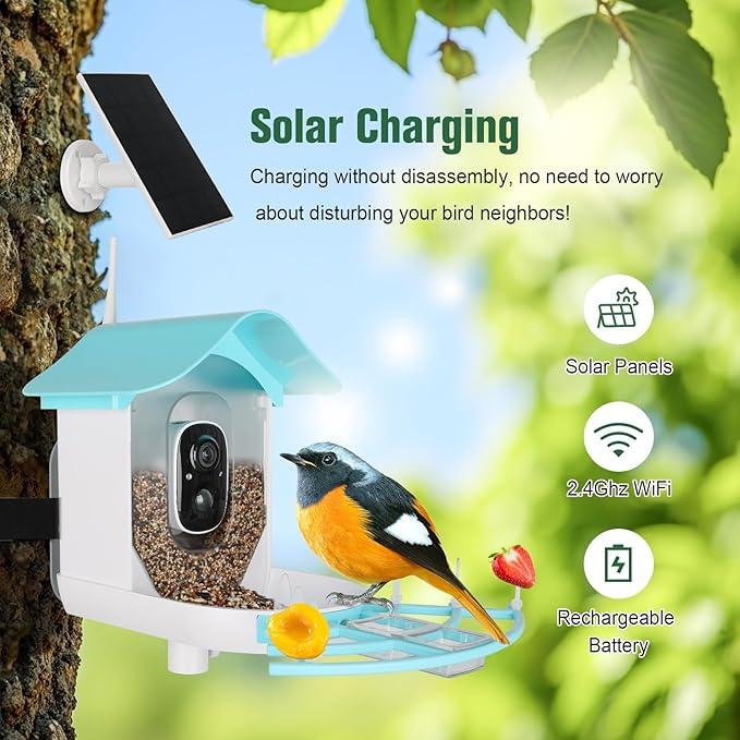 Bird Feeder with Camera,AI Identify Birds Species,Solar Powered,Auto Record Videos in Backyard,Instant Notifications,Ideal Gift for Family and Bird Lovers