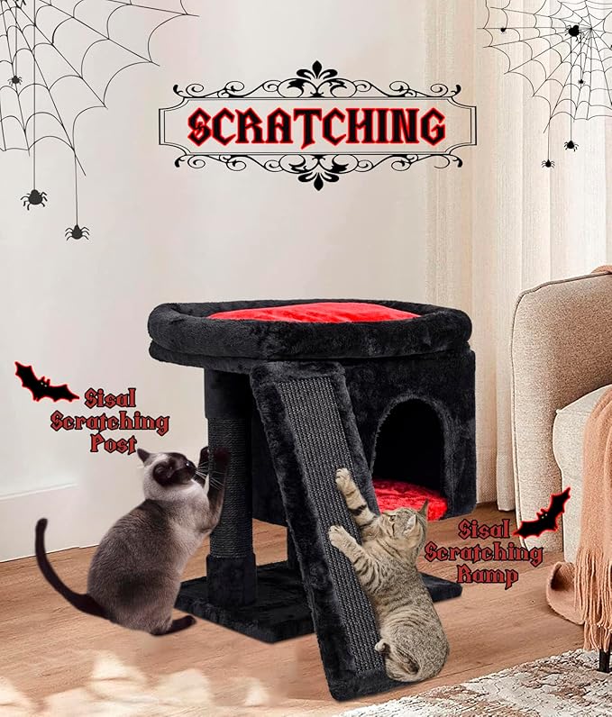 SYANDLVY Gothic Cat Tree with Coffin Bed for Indoor Cats, Cat Tower with Scratching Post, Modern Activity House for Large Cats, Condo with Board, Kittens Cave