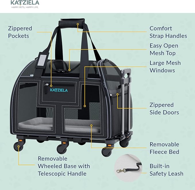 Katziela Rolling Pet Carrier Airline Approved - Pet Carrier with Wheels - Luxury Lorry - Deluxe TSA Approved Cat Carrier with 6 Wheels - Small Airline Approved Dog Carrier Trolley - Plane Carry On Bag