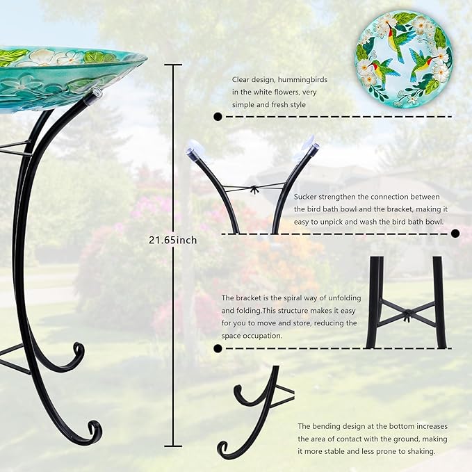 MUMTOP Bird Baths for Outdoors, Hummingbird Glass Large Bird Bath Bowl with Metal Stand, 18 Inch Bird Feeders for Outside and Garden, Patio,Lawn Decor (Hydrangea)