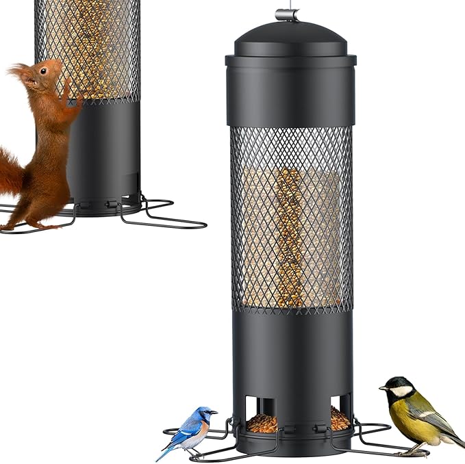 LCSEVEN Bird Feeders for Outdoors Squirrel Proof with Weight-Activated Perches, Hanging Bird Feeder for Outside, Metal Feeder for Wild Cardinal, Finch, Blue Jay, Chickadee, 3LB Seed Capacity, Black