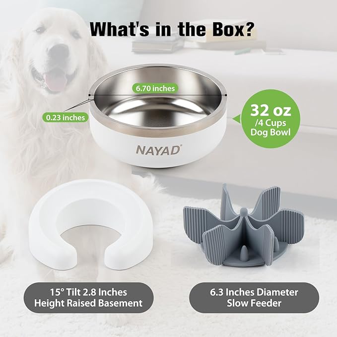 Raised Dog Bowl Stand with Slow Feeder Thick Stainless Steel Food Bowls for Large or Medium Sized Dogs Non-Slip Tilted Dog Feeder Station, Neck and Nose Protective Pet Bowl, 4 Cups (32 oz), White