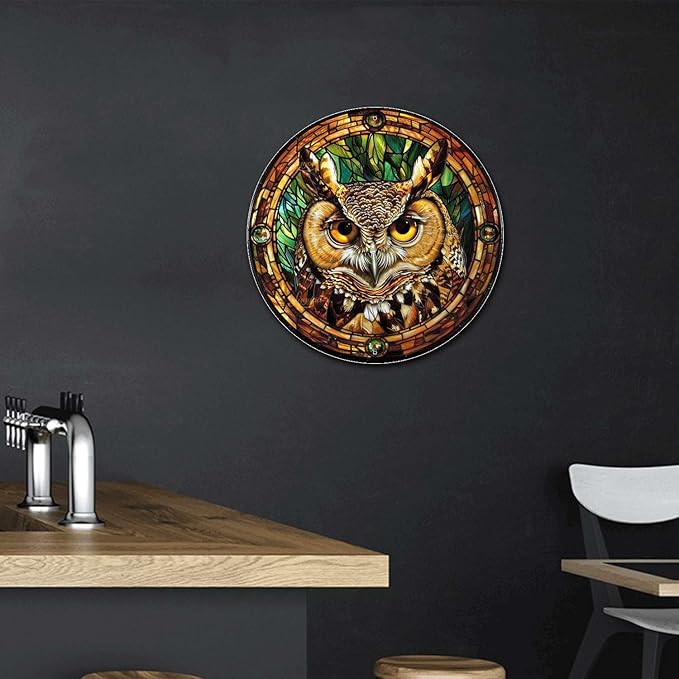 Lygond Metal Tin Sign - Circular Stained Glass Owl - 88 Inches for Garage