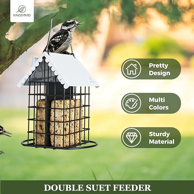 Kingsyard Double Suet Bird Feeder with Weatherproof Roof & Perch, All Metal, Suet Cakes Cage Bird Feeder for Outdoors Hanging, Easy to Clean & Refill, White