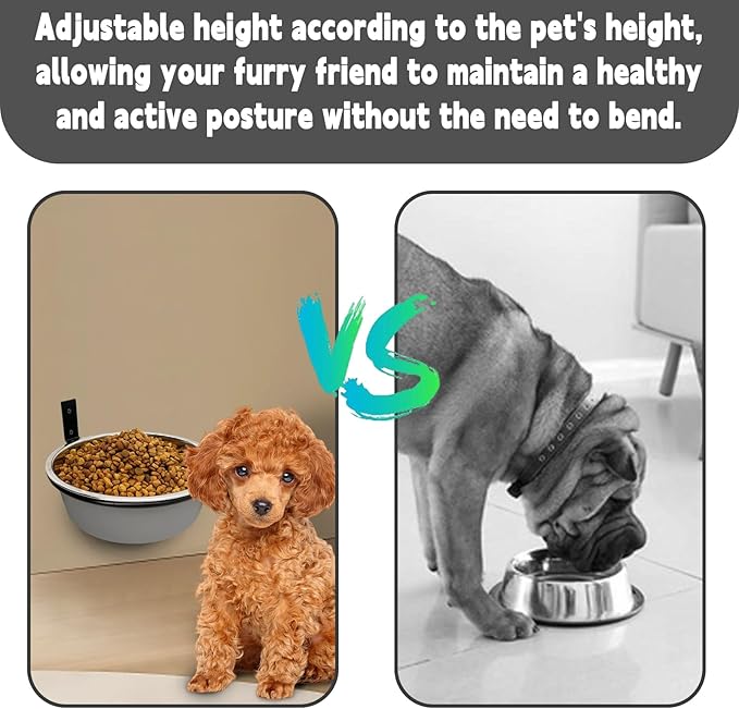 Wall Mounted Dog Bowls-2 * 48 Oz, Stainless-Steel Raised Adjustable Height Dog Food and Water Bowls, Elevated Pet Comfort Feeding Bowl for Medium Large Dogs Cats