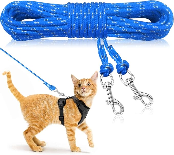 Rypet Reflective Cat Long Leash 15 FT Escape Proof Walking Leads Yard Long Leashes Durable Safe Personalized Extender Leashs Traning Play Outdoor for Kitten, Puppy, Rabbit and Small Animals