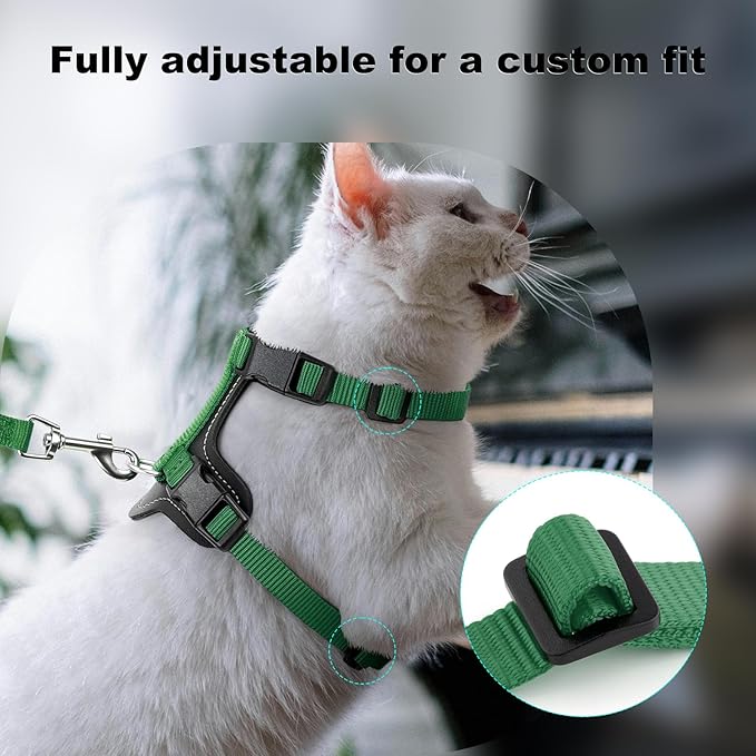 Plutus Pet Adjustable Cat Harness and Leash Set, Quick Release, Escape Proof Nylon Vest with Leather Trim for Kitten, Small Medium Large Cats, Green