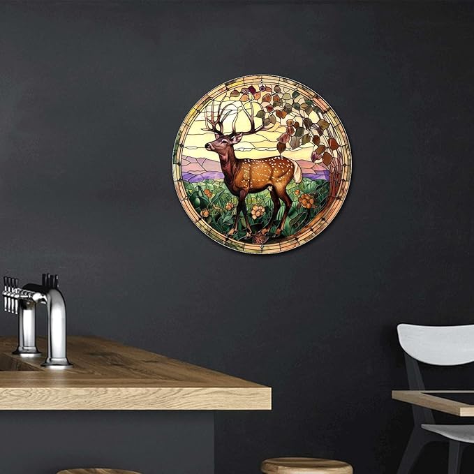 Lygond Metal Sign Tin Sign Circular Stained Glass Deer Metal Sign for Club 12×12 Inches