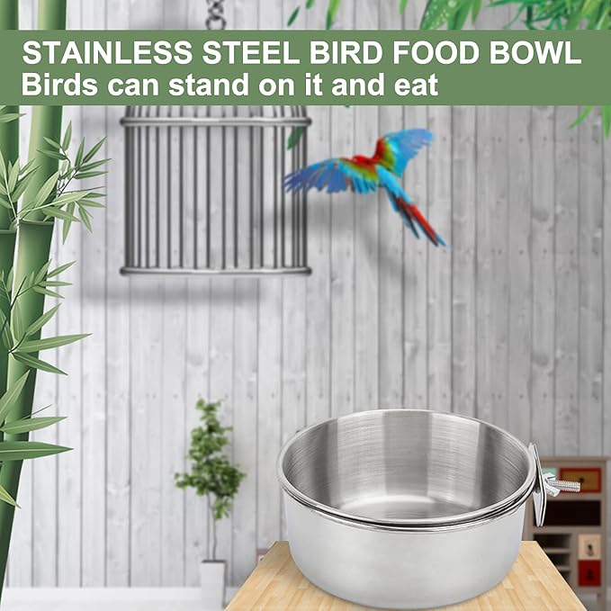 Bird Feeding Dish Cups 3 Pack Parrot Food Bowl Cage with Clamp Holder Stainless Steel Birdcage Coop Water Feeder for Cockatiel Conure Budgies Parakeet Macaw Finches Lovebirds Small Animal (S+M+L)