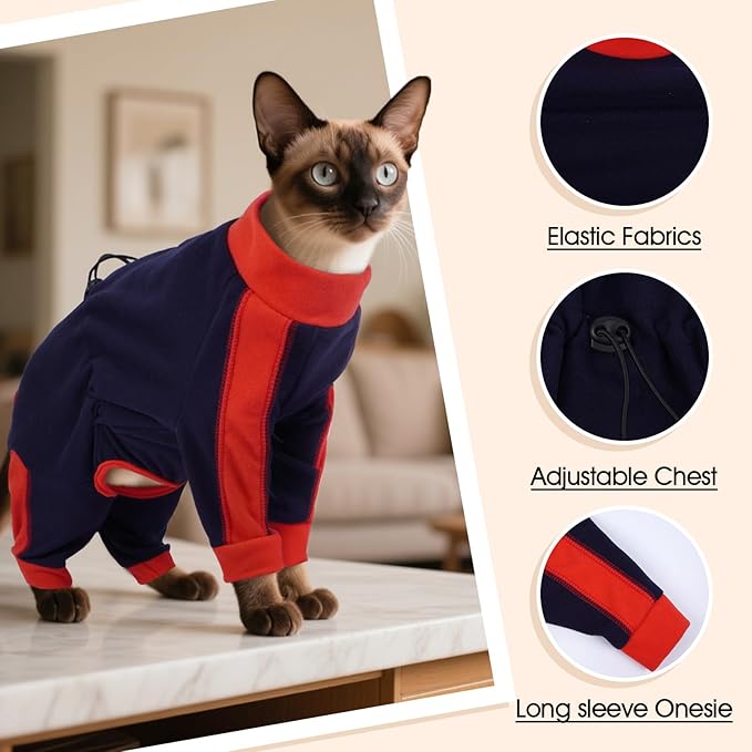 DENTRUN Cat Clothes with Anti-Shedding Fabric - Soft Recovery Suit & Breathable Lint-Resistant Cat Sweater for Wound Care & Hair Control, Kitten Onesie Pajamas, XL, Dark Blue