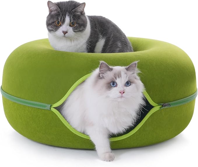 Large Cat Tunnel Bed for Indoor Cats with 3 Toys, Scratch Resistant Donut Cat Bed, Up to 30 Lbs (L 24x24x11, Green)