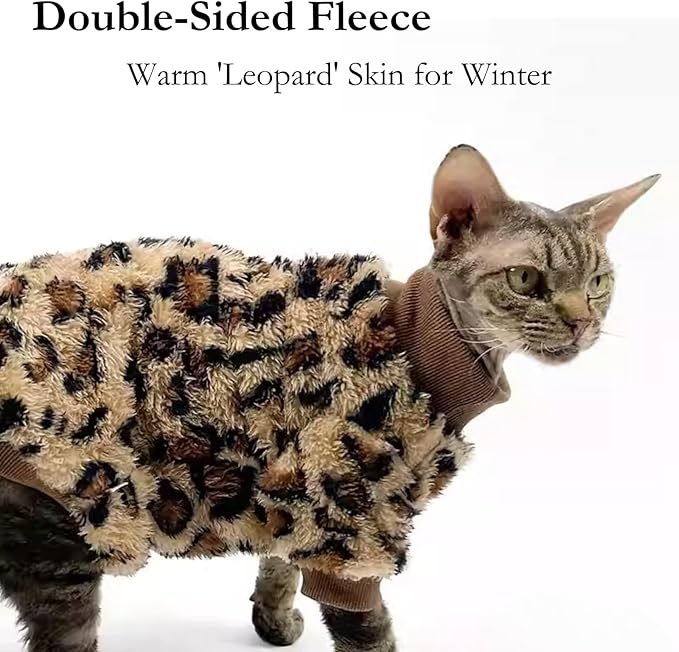 Cat Leopard Double-Sided Fleece Pullover, Soft Warm Clothes for Hairless Sphynx, Devon & All Indoor Kittens in Winter (Leopard,3XL)