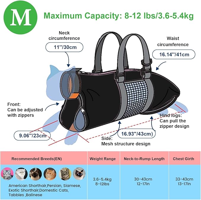 Cinf Cat Nail Clipping Cleaning Grooming Restraint Bag （Free Muzzle） No Scratching Biting for Bathing Nail Trimming Injecting Examining(Black,M)