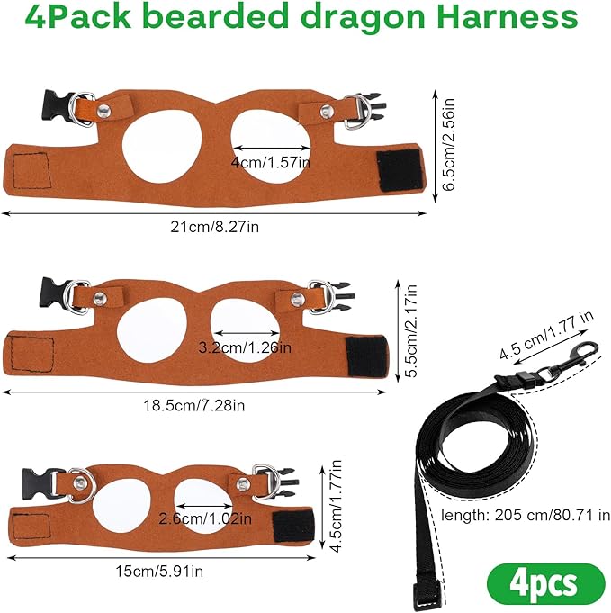 3 Sizes Bearded Dragon Harnesses and Leash Set, Adjustable Soft Leather Lizard Leash Harness Small Animal Walking Vest with Traction Rope for Small Reptiles Squirrel Rat Bearded Dragon Lizard