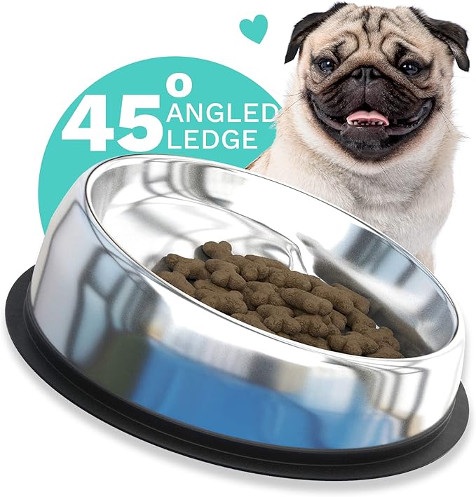 2 in 1 Pack - Large Enhanced Pet Bowl + Large Stand. Stainless Steel Slanted Dog Bowl with Raised Ridge for Flat-Faced Dog Breeds or Cats, Food-Grade Non-Slip No Spill Bowl for Dogs, Less Mess, Less