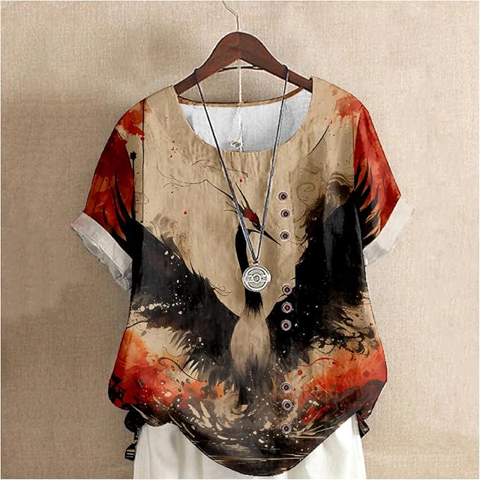 Japanese Print Women Summer Shirts Flower Bird Graphic Plus Size Tunic Tops Crewneck Short Sleeve Blouses