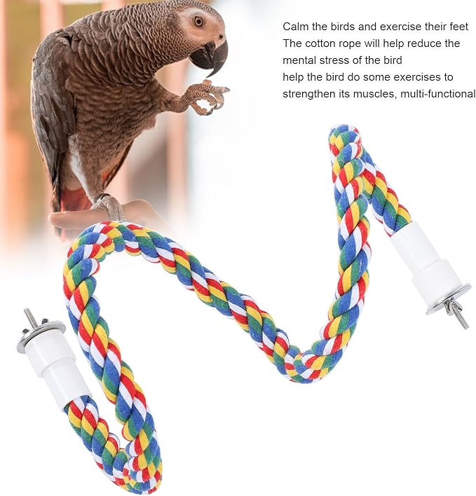 2PCS 60cm/23.6in Bird Rope Perch, 1.8cm Soft Cotton Parakeet Perches, Colorful Bird Cage Accessories with Fixing Screws for Birds to Chew and Stand On