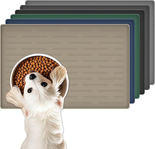 18"x12" Dog Food Mat, Silicone Dog and Cat Mats for Food and Water Bowls, Waterproof Raised Edge Pet Feeding Mat for Contain Spills Protects Floors, Multiple Colors & Sizes for Pets, Brown
