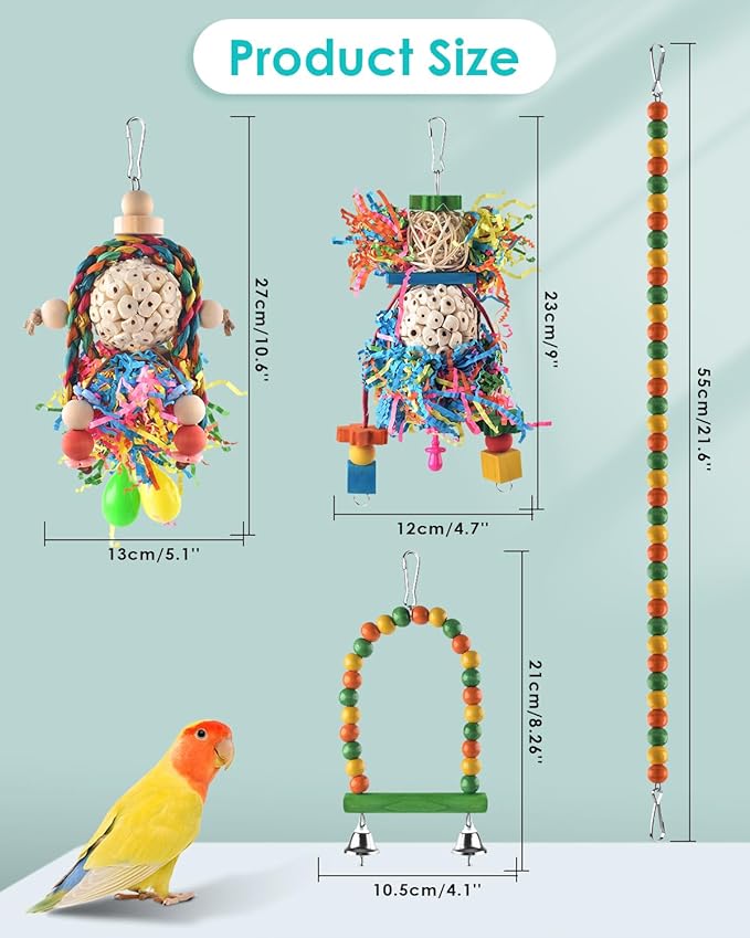 Bissap Conure Toys, 4 PCS Parrot Foraging Shredder Hanging Toys Sola Balls with Sand Hammer Perch Swing Climbing for Small Parrots Parakeets Conures Cockatiels Love Birds Cage Toy