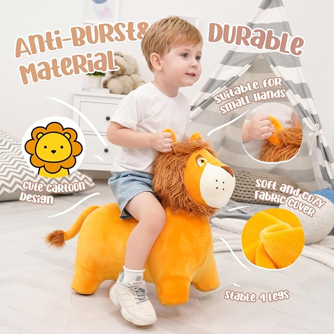 EVERICH TOY Lion Bouncy Horse, Inflatable Plush Hopping Toy, Bouncing Animal Hopper for Toddlers, Fun Ride-On Toy for Kids 18 Months-6 Years, Indoor & Outdoor Play, Great Gift Boys Girls