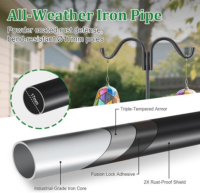 Double Shepherds Hooks for Outdoor, 94 Inch Adjustable Bird Feed Pole with 5 Prongs Base, Heavy Duty Shepherds Hook for Bird Feeder, Bird House, Light Plant, Wind Chime, Hummingbird Feeder, Lantern