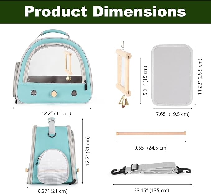 Parrot Travel Cage with Bird Cage Bells Mirror Set,Portable Small Bird Parakeet Bag with Standing Perch and Comfy Mat Bird Carry Transport Bag with Clear Window Vet Visit Shopping