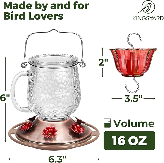 Kingsyard Glass Hummingbird Feeders for Outdoors, 16 Oz Wild Bird Feeder 6 Feeding Ports & Ant Moat Included, Hanging Bird Nectar Feeder for Garden Tree Yard Outside Decoration, Clear