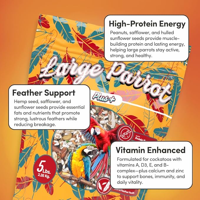 Mycelium Organic Large Parrot Plus Bird Food (5 LBS) | Premium Bird Seed for Macaws, Cockatoos & Parrots | High-Protein, Vitamin-Fortified, Skin & Feather Support | Non-GMO, USA Made, No Fillers