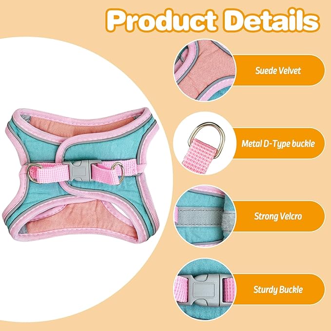 PINVNBY 2 Pack Bunny Hsrness and Leash Set Adjustable Rabbit Harness with Reflective Strips Double Buckle Pet Vest Eescape Proof for Small Rabbit Kitten Puppy Walks Accessories (Pink Green, S)