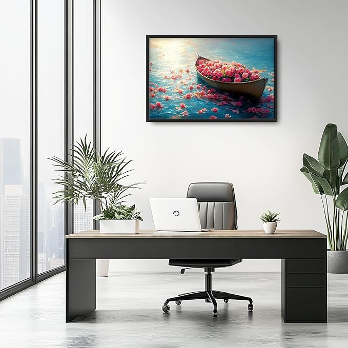 Large Lake Floral Landscape Wall Art for Living Room, Nature Boat Flower Canvas Oversized Wall Decor, Rose Scenery Framed Pictures Painting Print Artwork for Bedroom Office 36L" x 24W"