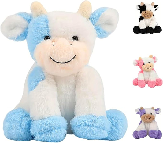 Blue and White Cow Weighted Stuffed Animal 20cm/7.87in Cute Sitting Cow Plush Toy with Smile Soft Fluffy Small Farm Plushie for Kids Adults Birthday Festival Gift Bed Home Office Decor Toys