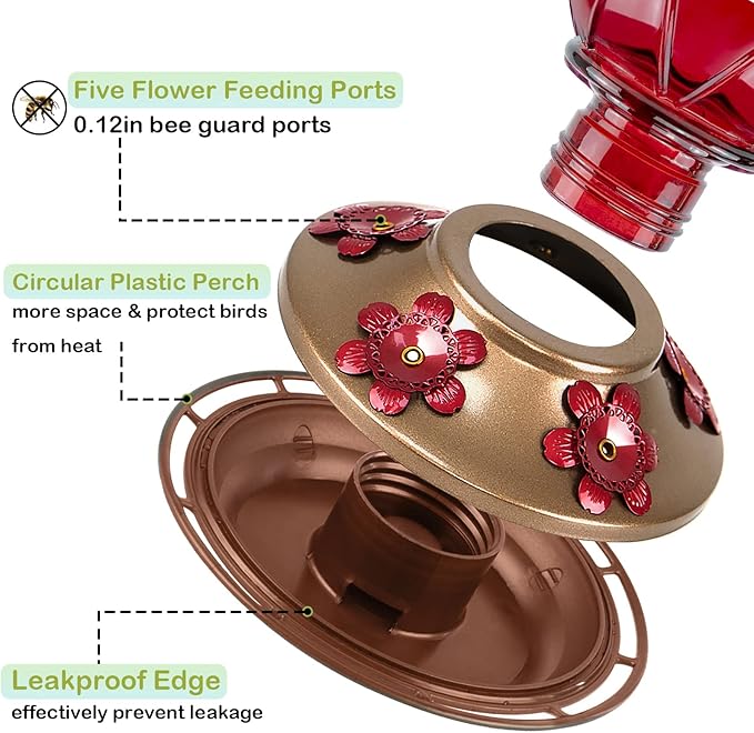 BOLITE Hummingbird Feeder, Glass Hummingbird Feeder for Outdoors, Meshy Texture Ball Shape Bottle, 20 Ounces, Red, Birthday Gifts for Women Men, Gifts for Mom Dad