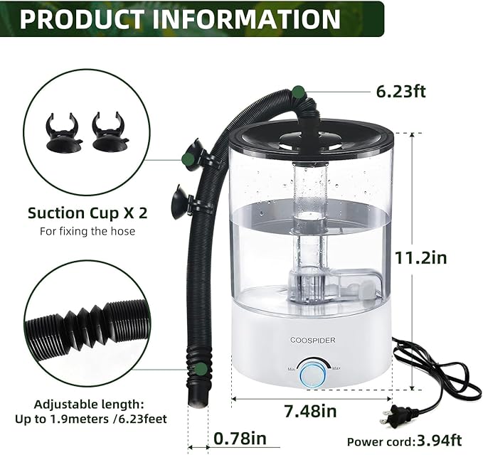 Coospider 4.2L Top Fill Reptile Humidifier, Fogger Mister for Reptiles Tank, Terrariums Humidifiers with Extended Hose/Tube, Automatic Reptile Misting System for Reptiles Amphibians Herps Vivarium