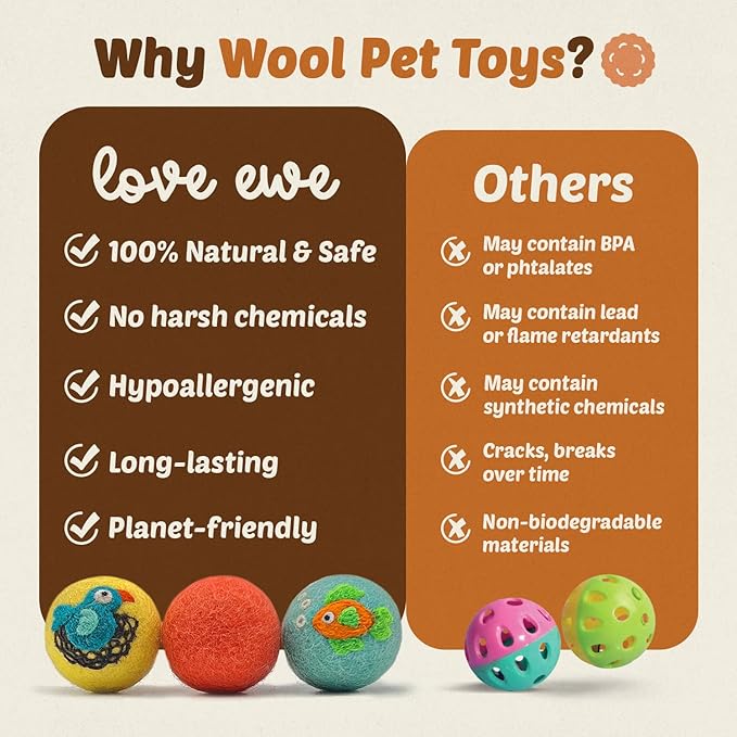 Hustle & Blush Wool Felt Balls - 3 Pack Love Ewe Pet Supplies – 2in Colorful & Durable Cat Toys Handmade from New Zealand, Ideal for Indoor Play and Mental Stimulation – Fish & Bird Design