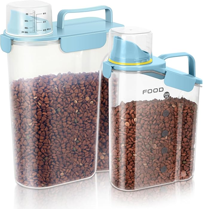 Dog Food Storage Container, Upgraded Large Nozzle BPA-free, (3LBS +5LBS) Plastic Pet Food Storage Containers, With 4 Sealed Clasps, 1 Measuring Cup and Handle (Bright blue)
