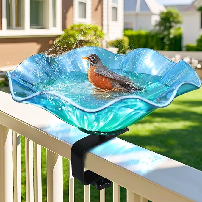 MUMTOP Deck Mounted Bird Baths for Outdoors, Glass Bird Baths Bowl with Adjustable Sturdy Steel Fence Clamp for Garden Patio Lawn Yard Deck Balcony Railing, Blue