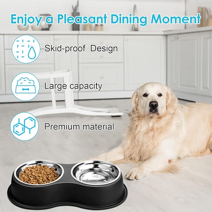 Dog Bowls Large Double Dog Water and Food Bowls Stainless Steel Bowls with Non-Slip Resin Station, Pet Feeder Bowls Food Dish for Small Medium Large Dogs Cats