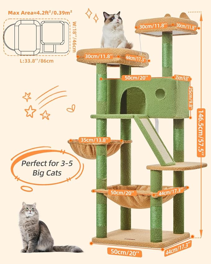Taoqimiao Cactus Cat Tree, 57.5-Inch Cat Tower for Indoor Cats Large Adult, Extra Large Cat Condo, 8 Sisal Scratching Posts, Metal Frame Cozy Hammock, Durable Scratch Board, 2 Top Perches, MSC026